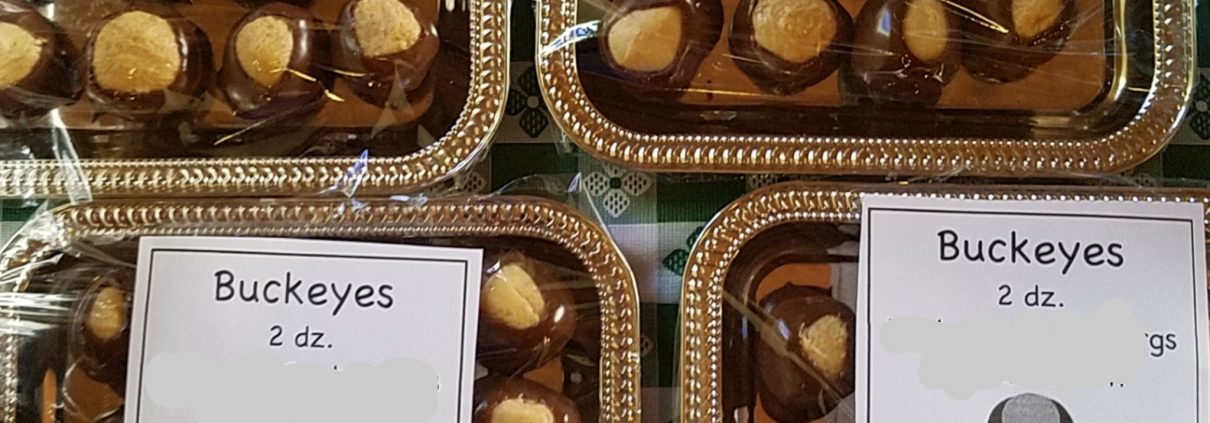 Over a background of buckeyes - treats made from peanut butter and chocolate - the text reads, "Project Stepping Stone Dessert Auction Holy Trinity Lutheran Church 9/15/2019 Service at 10am, then lunch and auction at 12pm"